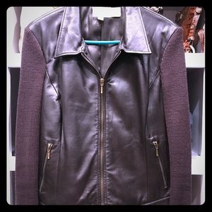 Chocolate brown leather jacket sweater sleeve